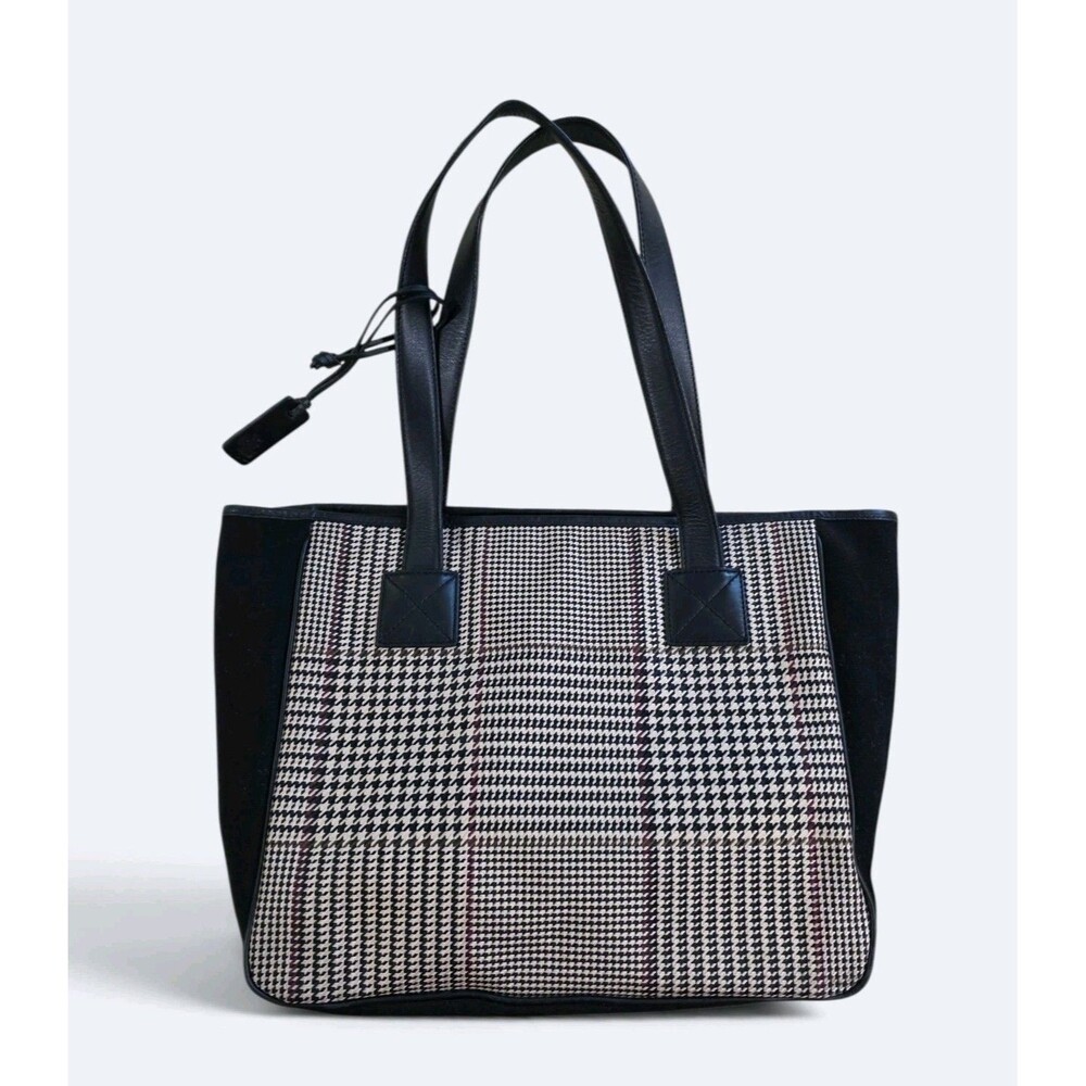 Vintage Lauren Ralph Lauren Houndstooth Plaid Suede Leather Trim Tote Bag